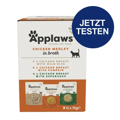 Applaws Natural Cat Food Chicken Medley in Broth. 4x Hühnerbrust mit Wildreis, 4x Hühnerbrust mit Kürbis, 4x Hühnerbrust mit Spargel. Packung enthält 12x70g. Jetzt testen. Applaws Natural Cat Food Chicken Medley in Broth. 4x Hühnerbrust mit Wildreis, 4x Hühnerbrust mit Kürbis, 4x Hühnerbrust mit Spargel. Packung enthält 12x70g. Jetzt testen.