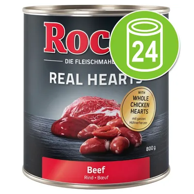 Rocco Real Hearts Beef, 800 g blik. Met hele kippenharten. Set van 24 blikken aangegeven met groen pictogram en cijfer 24. Tekst op blik in het Engels en Duits.