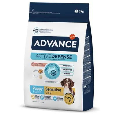 ADVANCE Active Defense Puppy Sensitive Care hondenvoer, 3 kg. Prebiotics, probiotics, fibres. Voor puppy’s 2–15 maanden. Met zalm. Afbeelding van een puppy op de verpakking.