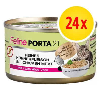 Feline Porta 21 kattenvoer, fijn kippenvlees met aloe vera, zonder toegevoegde suikers, verpakking van 24 stuks. Tekst in Duits en Engels zichtbaar op het blik.