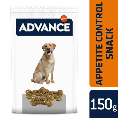 Пакет Advance Appetite Control Snack с изображение на куче, три бисквити с надпис ADVANCE и тегло 150 г. Видим е и текстът affinity. Пакет Advance Appetite Control Snack с изображение на куче, три бисквити с надпис ADVANCE и тегло 150 г. Видим е и текстът affinity.