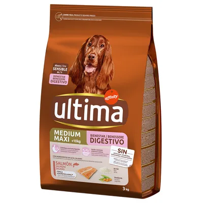 Affinity Ultima Medium Maxi +10kg hrană pentru câini, 3kg, cu somon, orez și legume. Pentru digestie sensibilă. Fără adaos de zahăr, coloranți sau conservanți.