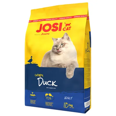 Sac JosiCat Crispy Duck pour chat adulte, 10 kg, 71 % protéines animales, marque Josera visible, image d’un chat et mention German Quality sur l’emballage.