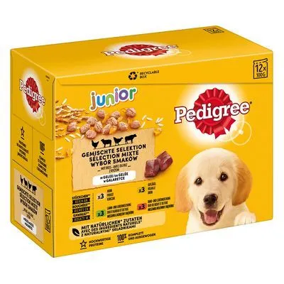 Pedigree Junior Maaltijdzakjes in Gelei Hondenvoer - 96 x 100 g Gemengde selectie in gelei (4 varianten)