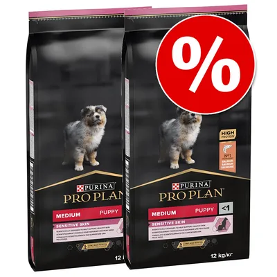 Purina Pro Plan Medium Puppy Sensitive Skin, 2 x 12 kg csomag, akciós jelzéssel. Látható: kutya képe, magas fehérjetartalom, lazac, <1 év, érzékeny bőr feliratok.