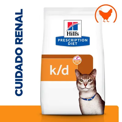 Hill's Prescription Diet k/d para gatos, cuidado renal, con icono de pollo y texto 'ACTIVBIOME+ KIDNEY DEFENSE' visible en el envase.