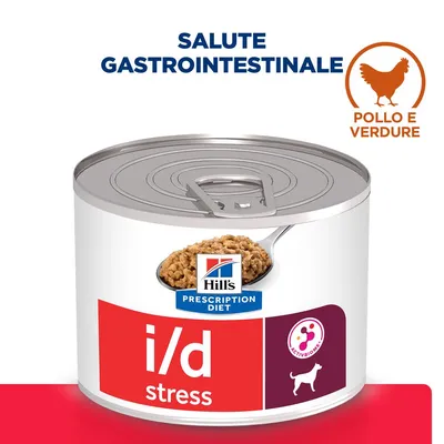 Hill's Prescription Diet i/d stress, cibo umido per cani con pollo e verdure. Testo visibile: salute gastrointestinale, ActivBiome+. Immagine di una lattina aperta.
