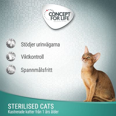CONCEPT FOR LIFE. Stödjer urinvägarna, viktkontroll, spannmålsfritt. STERILISED CATS. Kastrerade katter från 1 års ålder.