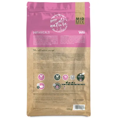 Bunny all nature Botanicals MID MIX Vets, envase de 120 g. Tabla de raciones diarias visible: 120 g hasta 2.880 g según peso. Texto en inglés y alemán sobre uso como snack o alimento completo. Bunny all nature Botanicals MID MIX Vets, envase de 120 g. Tabla de raciones diarias visible: 120 g hasta 2.880 g según peso. Texto en inglés y alemán sobre uso como snack o alimento completo.