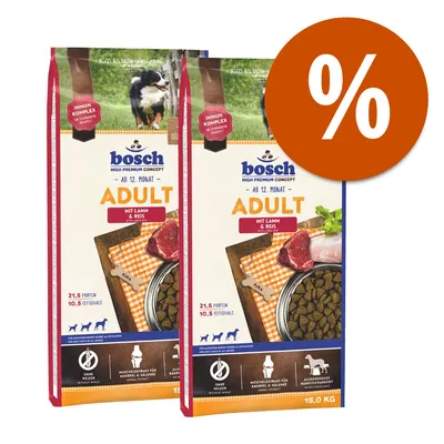 2 sacchi Bosch High Premium Concept Adult mit Lamm & Reis, 15 kg ciascuno. Testo visibile: 21,5 % proteine, 10,5 % fettgehalt. Offerta con simbolo percentuale arancione.