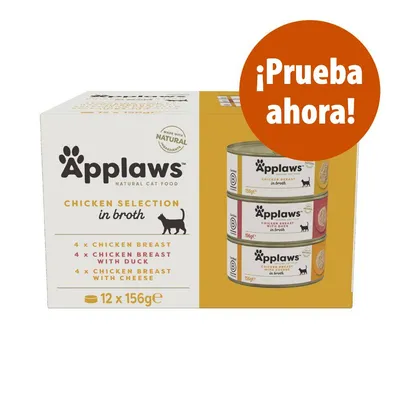Applaws Natural Cat Food Chicken Selection in Broth, 12 latas de 156 g: 4 pechuga de pollo, 4 pechuga de pollo con pato, 4 pechuga de pollo con queso. Texto visible: ¡Prueba ahora!