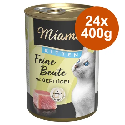 Miamor Kitten Feine Beute mit Geflügel, sans céréales, avec taurine, lot 24x400g. Texte en allemand sur l’emballage.