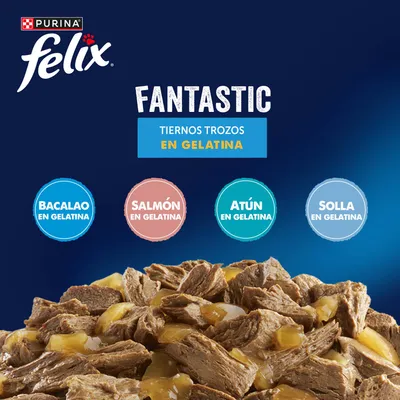 Purina Felix Fantastic tiernos trozos en gelatina. Variedades: bacalao, salmón, atún, platija en gelatina. Purina Felix Fantastic tiernos trozos en gelatina. Variedades: bacalao, salmón, atún, platija en gelatina.