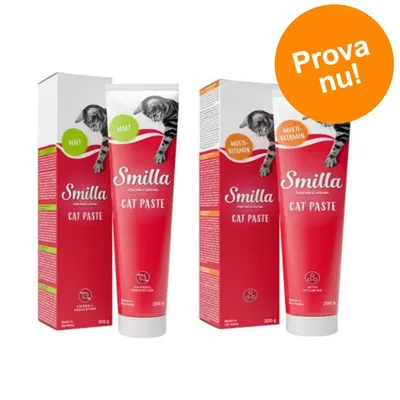 Två tuber Smilla Cat Paste 200 g med förpackningar, en med texten 'Malt', en med 'Multi-Vitamin'. Orange cirkel med vit text: Prova nu!