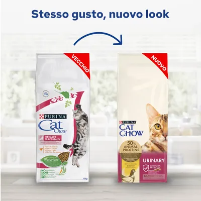 Confronto tra vecchio e nuovo packaging Purina Cat Chow Urinary. Nuovo look con scritta '50% animal proteins', immagine di gatto, pollo e indicazione 'con prebiotico naturale'.