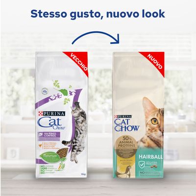 Confronto tra vecchio e nuovo packaging di Purina Cat Chow Hairball Control, visibili scritte: '50% animal proteins', 'hairball', 'rich in chicken', 'with natural prebiotic'.