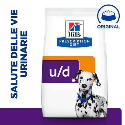 Hill's Prescription Diet u/d per cani, scritta 'SALUTE DELLE VIE URINARIE', immagine di un dalmata e simbolo ciotola con testo 'ORIGINAL' visibili sulla confezione.
