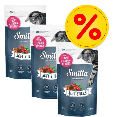 Smilla Soft Sticks kattgodis, förpackning med texten 'with trout & lingonberries', erbjudande-symbol med procenttecken synlig.