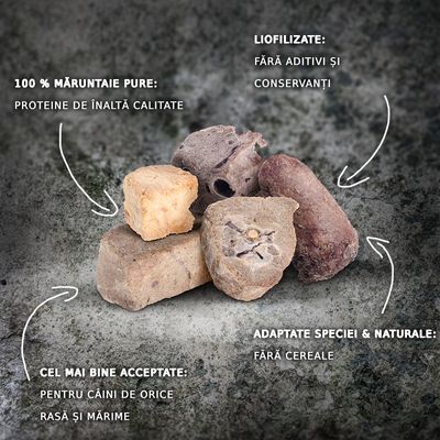 Bucăți de măruntaie liofilizate, 100 % măruntaie pure, proteine de înaltă calitate, fără aditivi și conservanți, fără cereale, pentru câini de orice rasă și mărime.