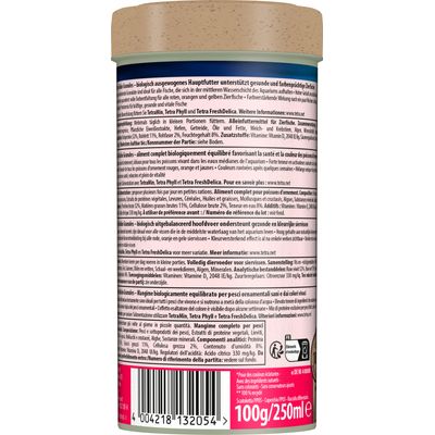 Tetra Rubin Granules hoofdvoer voor siervissen, samenstelling en analyse: eiwit 52%, vet 11%, ruwe vezel 2%, vocht 8%, vitamine D3 2048 IE/kg, houdbaarheidsdatum zie bodem.