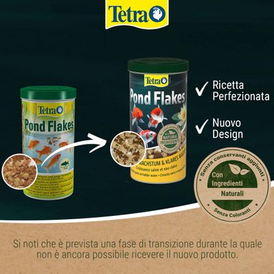 Tetra Pond Flakes con nuovo design e ricetta perfezionata, componenti naturali, senza additivi né coloranti. Possibile fase di transizione durante la consegna.