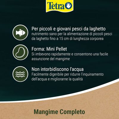 Tetra. Per pesci di stagno piccoli e giovani fino a 15 cm, mini pellet, non intorpidiscono l'acqua, facilmente digeribili per migliorare la qualità dell'acqua.