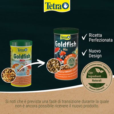Tetra Goldfish Mix, confronto tra vecchio e nuovo design. Testo visibile: Ricetta perfezionata, Nuovo design, Con ingredienti naturali, Senza conservanti aggiunti, Senza coloranti.