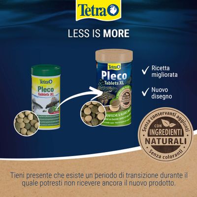 Tetra Pleco Tablets XL, nuovo design e formula migliorata, con componenti naturali, senza aggiunta di conservanti o coloranti.