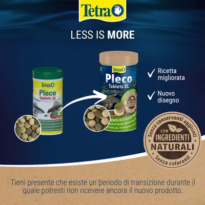 Tetra Pleco Tablets XL, nuovo design e formula migliorata, con componenti naturali, senza aggiunta di conservanti o coloranti.