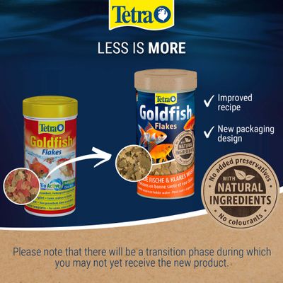 Tetra Goldfish Flakes with new packaging design and improved recipe, contains natural ingredients, no additives or colourings. Transitional phase possible during delivery.