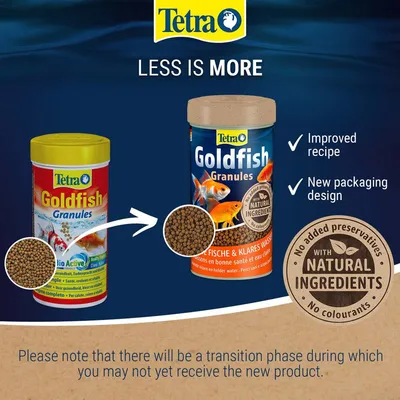 Tetra Goldfish Granules z nowym designem opakowania i ulepszoną recepturą, zawiera naturalne składniki, bez konserwantów, bez barwników. Tetra Goldfish Granules z nowym designem opakowania i ulepszoną recepturą, zawiera naturalne składniki, bez konserwantów, bez barwników.