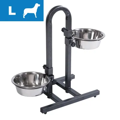 Gamelle double en inox sur support métallique réglable, taille L indiquée par pictogramme chien et lettre L dans un carré bleu.