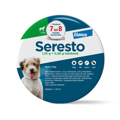 Seresto 1,25 g + 0,56 g halsband voor honden tot 8 kg. Bescherming tegen teken, vlooien, larven en luizen gedurende 7 tot 8 maanden. Elanco. Halsband, 1 x 38 cm.