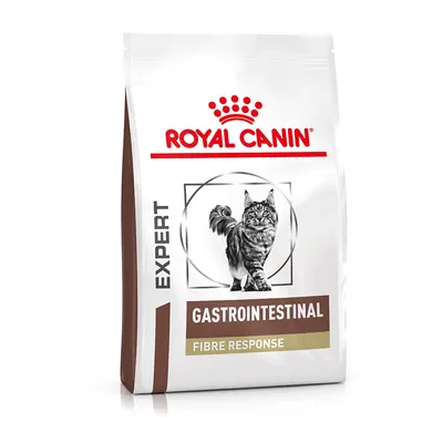 Royal Canin Expert Gastrointestinal Fibre Response, slika mačke na embalaži. Vidno besedilo: EXPERT, GASTROINTESTINAL, FIBRE RESPONSE.