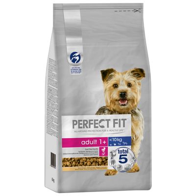 Sac de croquettes Perfect Fit adult 1+ pour chien de moins de 10 kg, total 5, 6 kg. Texte visible : Good Stool Quality, All-around protection for a healthy life.