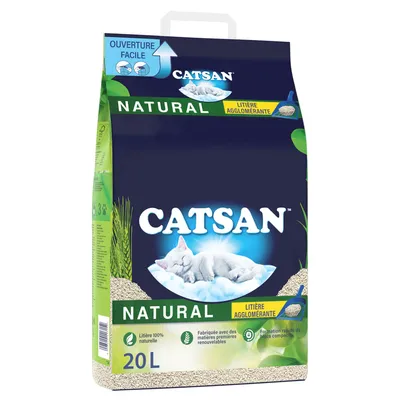 Sachet de litière agglomérante CATSAN Natural 20L, ouverture facile, litière 100 % naturelle, fabriquée avec des matières premières renouvelables, formation rapide de blocs compacts.