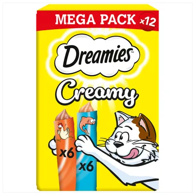 Dreamies Creamy mega pack, 12 sticks total with 6 chicken flavour and 6 salmon flavour shown on the packaging.