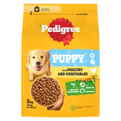 Pedigree Puppy food with poultry and vegetables, 3kg pack. Contains natural ingredients, prebiotics, superfoods, no added artificial colours or flavours.