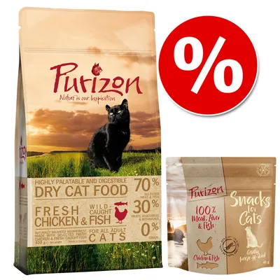 Purizon droog kattenvoer, 70% vlees & vis, 30% fruit/groenten/kruiden, 0% graan. Purizon Snacks for Cats: 100% vlees, lever & vis, kip & vis. Rood kortingssymbool met procentteken.