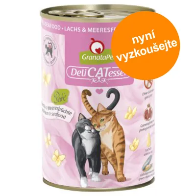 Konzerva GranataPet DeliCATessen, losos & mořské plody. Text: nyní vyzkoušejte. Ilustrace dvou koček na obalu.