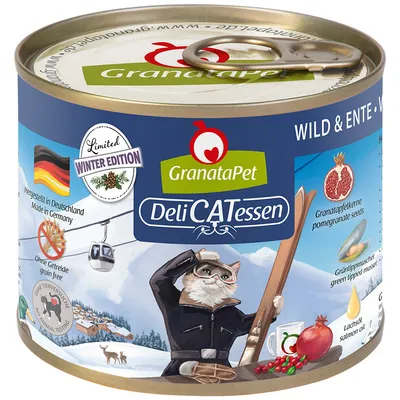 GranataPet DeliCATessen Winter Edition, konzerva s natpisima: Wild & Ente, bez žitarica, bez testiranja na životinjama, sjemenke nara, ulje lososa, proizvedeno u Njemačkoj.