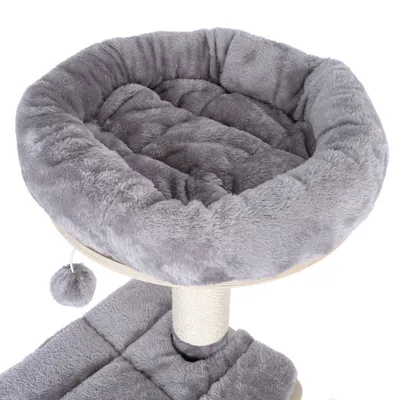 Grey, round cuddly bed with soft padding and plush material on a cat tree. Integrated play ball on a string visible.