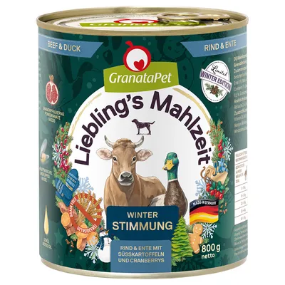 GranataPet Liebling's Mahlzeit Winter Stimmung, naudan- ja ankanlihaa, 800 g. Limited Winter Edition. Rind & Ente mit Süßkartoffeln und Cranberrys. Made in Germany.