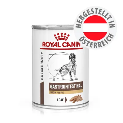 ROYAL CANIN Gastrointestinal High Fibre Loaf, hergestellt in Österreich. VETERINARY Spezialfutterdose mit Hundebild.