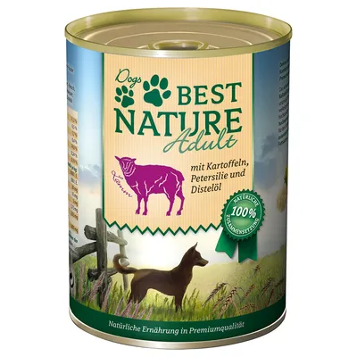 Boîte Dogs Best Nature Adult, texte allemand : mit Kartoffeln, Petersilie und Distelöl, 100 % natürliche Zusammensetzung, illustration mouton violet et chien dans un champ.