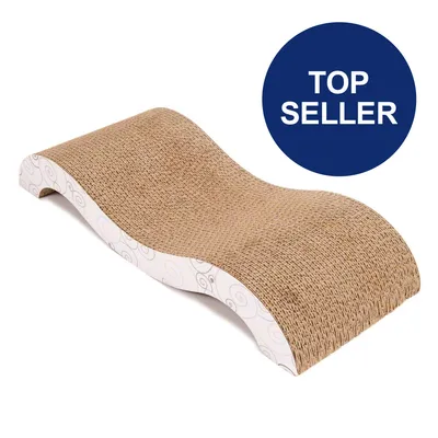 Wellige Kratzmatte aus Pappe mit weißem Rand und Muster. Blauer Kreis mit Text 'Top Seller'.