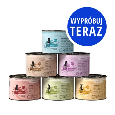 Zestaw 6 puszek karmy dla kotów catz finefood Classic, różne smaki. Niebieskie koło z napisem: WYPRÓBUJ TERAZ.