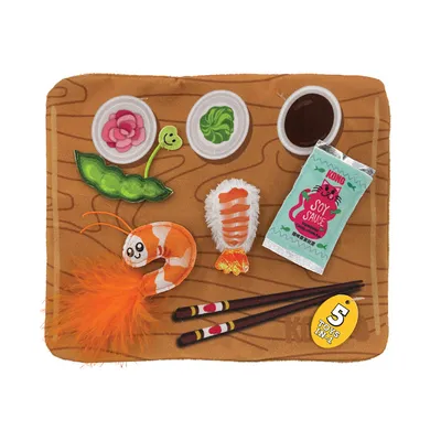 KONG komplet igrač Sushi za mačke, pet delov: kozica, sojina omaka, suši rolica, stročji fižol in palčke. Napis: '5 Toys in 1'.