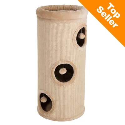 Beżowy drapak dla kota w formie walca z trzema otworami i wiszącymi piłkami. Napis w rogu: Top Seller.
