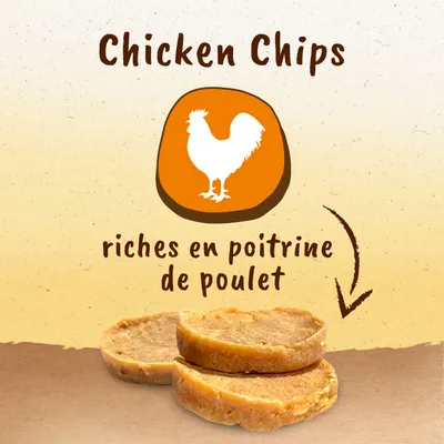 Chicken Chips, riches en poitrine de poulet. Trois chips ronds visibles devant un pictogramme de poulet blanc sur fond orange.